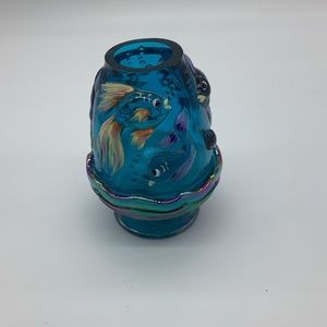 Fenton fairy lamp. Hand painted koi fish. Ultramarine blue. Iridescent.